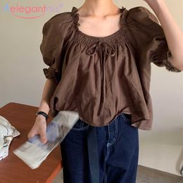 Aelegantmis Square Collar Short Blouse Shirt Women French Design Elegant Female Sleeve Tops Velvet Sweet Cute 210607