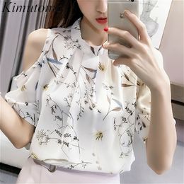 Kimutomo Off Shoulder Floral Chiffon Blouse Women Stand Collar Half Sleeve Shirt Summer Korea Chic Top Outwear Fashion 210521
