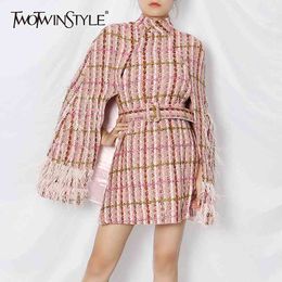 Plaid Patchwork Tassel Jacket For Women Turtleneck Long Sleeve High Waist With Sashes Pink Casual Coat Female 210524