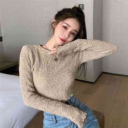 Women All-match Bottoming T Shirt Pleated Early Autumn Korean-Style Sexy Fungus Short Long-Sleeved T-shirt cropped Top PL436 210506
