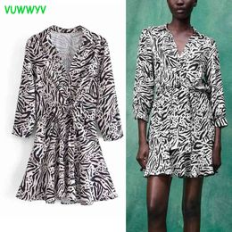 Summer Dress Women Black Leopard Print Ruffle Mini Woman Long Sleeve African es Fashion Knot Belt Vestidos 210430