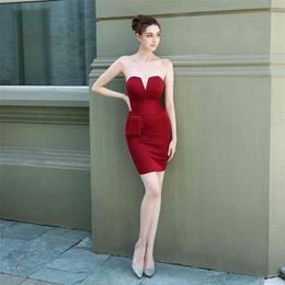 Tube top sexy nightclub female lady dress Sleeveless Sheath Office Polyester Knee-Length V-Neck 210416