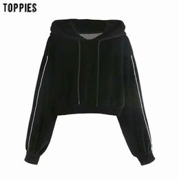 Toppies Fashion Cropped Hoodies Woman Sweatshirts Vintage Black Velvet Pullovers Female Jumpers 210412