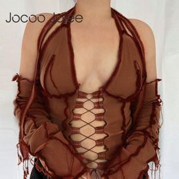 Women Summer Sexy Vintage Hollow Lace Halter Bandage Long Sleeve T-Shirt Backless Tassel Solid Navel Top 210428