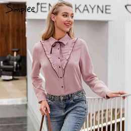 Sexy pink casual women blouse shirt Long sleeve neck tie elegant Office lady OL work wear party blouses tops 210414