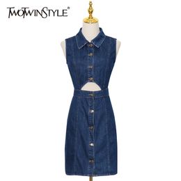 Casual Blue Denim Dress For Women Lapel Sleeveless High Waist Hollow Out Mini Dresses Female Summer Fashion Clothes 210520