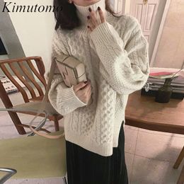 Kimutomo 2 Piece Set Women Korean Ins Style Vintage Turtleneck Thick Hemp Pattern Sweater and Stretch High Waist Pleated Skirt 210521