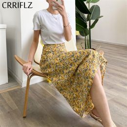 Summer Chiffon Print Midi Skirt Women A-line Casual High Waist Mid-calf CRRIFLZ 210520