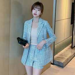 Elegant Spring Autumn plaid women blazer coat Causal long sleeve tweed short Office ladies pocket suit 210524