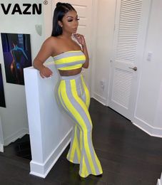VAZN GHMS15253 Striped Print Strapless Young Girl Crop Top England Style Sexy 2019 Set Sleeveless 2 Piece Sets Night Club Sets X0428