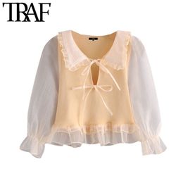 TRAF Women Sweet Fashion Patchwork Organza Cropped Knitted Blouses Vintage With Peter Pan Collar Female Shirt Chic Tops 210415