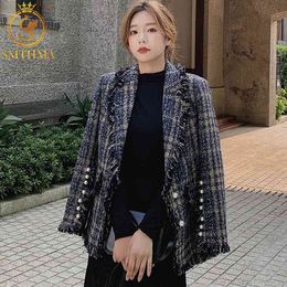 Autumn And Winter Fashion Vintage Chic Tweed Jacket Elegant Women Plaid Long Coats Pockets Lapel Collar Casual Casaco Femme 210520
