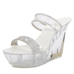 Nightclub Transparent Pearl Diamond Crystal Sole Women's Shoes Large Size Ladies Comfortable Wedge High Heel Sandals Slippers