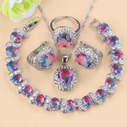 Colorful Zircon Necklace And Clip Earrings Wedding Jewelry Sets With Silver Color Bridal Accessories Bracelet For Women H1022