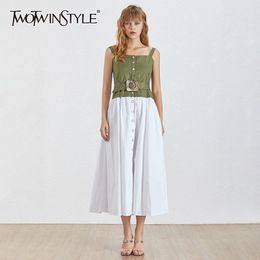 TWOTWINSTYLE Elegant Patchwork Hit Color Dress For Women Strapless Sleeveless High Waist Midi Dresses Female Summer Fashion 210517
