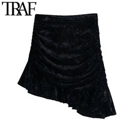 TRAF Women Chic Fashion Pleated Velvet Asymmetrical Mini Skirt Vintage High Waist BacK Zipper Female Skirts Mujer 210415