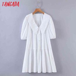 Women White Embroidery Romantic Dress Oversize Collar Short Sleeve Females Mini Dresses Vestidos 8H62 210416