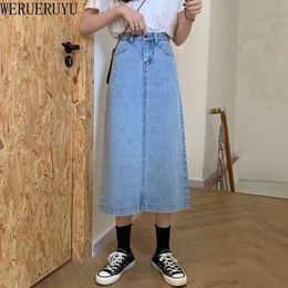 WERUERUYU High Waist Women Denim Skirt Long Blue Split Casual Jean Skirts For Ladies 210608
