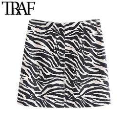 TRAF Women Chic Fashion Zebra Print Mini Skirt Vintage High Waist Side Zipper Animal Pattern Female Skirts Mujer 210415