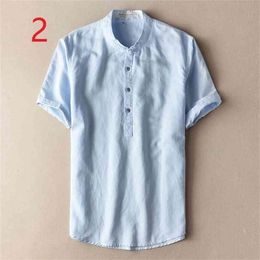 Summer Men's Small Collar Button Cotton Short Sleeve T-Shirt Casual Chinese Style Linen Solid Colour Half Youth Shirt Thin 210420