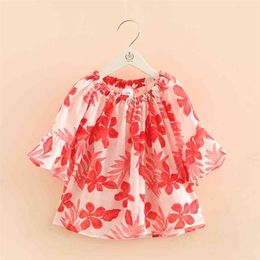 Summer 2-10 Years Sweet Cute Floral Print Half Flare Trumpet Sleeve Blouse Cotton Linen Baby Kids Girls Dress Shirt 210701