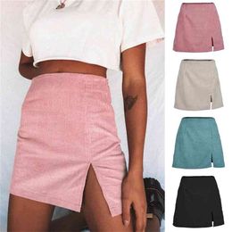 Autumn Winter Ins Net Red High Waist Women's Clothes Corduroy Half-length Skirt Pure Colour Vent A Short Skirt Girl 210412