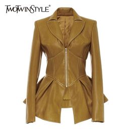 TWOTYLE Biker Style Patchwork Irregular Jacket Women Lapel Collar Long Sleeve High Wait Tunic Female Coat Fashion 211110