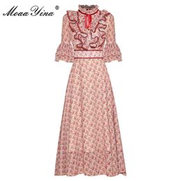 Fashion Runway Female dress Spring Summer Women's Dress Stand collar Ruffles Floral-Print Vacation Dresses 210524
