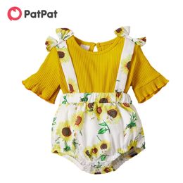 Arrival Summer Baby Sunflower Print Strappy Bowknot Romper Girl Clothing 210528