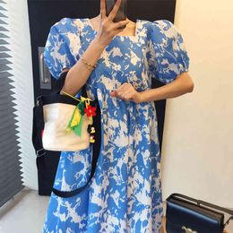 Korea Chic Summer Square Neck Open Back Lace Up Printing Knee Length Puff Sleeve Robe Modern Lady Dresses 210510