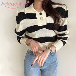 Aelegantmis Button Women Cropped Striped Pullover Korean Casual Soft Harajuku Design Female Short Knitted Stripe Sweater Fashion 210607