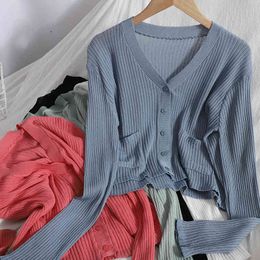 Summer wild casual knitted pocket cardigan for womens top jacket Korean Button V-neck blouse cardigans hollow knit sweater women 210420