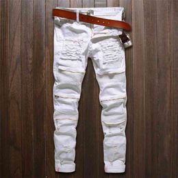 Skinny jeans men White Ripped Knee zipper Fashion Casual Slim fit Biker Hip hop destroy Stretch Denim pants Motorcycle 210723