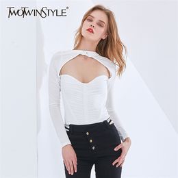 Black Ruched Slim Jumpsuit For Women O Neck Long Sleeve High Waist Hollow Out Sexy Bodysuit Female Fashionable 210521