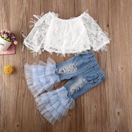 Kids Baby Girl Clothes Set 2021 Summer Off Shoulder Short Sleeve Lace Shirts +Tulle Ripped Denim Flare Pants Child Outfits