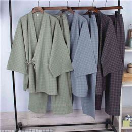 Japanese Style Pyjamas Cotton Linen Stripe Bathrobe Homewear Sleep Yukata for Adult Summer Thin Robe Clothing Pant Set 210330