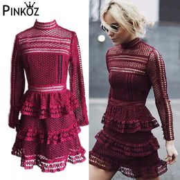 Vintage Runway Celebrity Style Spring Autumn Women Dress Fashion Sexy Hollow Out Lace Casual Office Lady Mini 210421