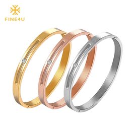 New Fine4u B047 316l Stainless Steel Cuff Bracelet for Women Tension Setting Cz Bracelets & Bangles 3 Colours Choices Q0719