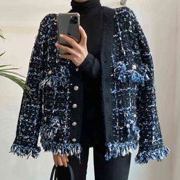 [EWQ] Korea Chic Autumn Winter V-neck Tassel Wool Mixed Color Knitted Cardigan Loose Long Sleeve Black Sweater Coat 2022 16E4362 211217