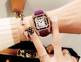 Vintage Female Watch Rhinestone Fashion Student Quartz Watches Real Leather Belt Square Diamond Inset Delicate Womens Wristwatches305x