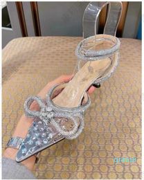 Double bow rhinestone crystal-embellished transparent drill sandals Pumps High heels shoes Evening women Luxurys Designers Dress shoes
