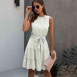 Casual Women A-Line Dress Summer Solid O-Neck Sleeveless Draped Sashes Party Mini Dress Elegant Female White Dress Vestidos 210507