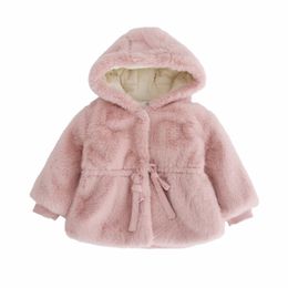 Girls' Hooded Plush Jacket Children's s Warm Kids Boys Baby Winter Clothes Fluffy Coat Outdoor Tie Bow 211204