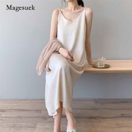 Summer Silk Satin Solid Spaghetti Strap Dress Women Long Sexy Sleeveless Elegant Maxi Korean Style V Neck 9474 210518