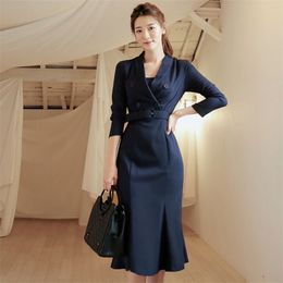 Women Elegant Work Office Lady Business Long Sleeve Double-Breasted Sashes Party Bodycon Vestido V-Neck Formal Dress 210416