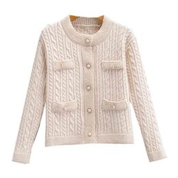 Women Sweater Knitted Cable Crew Neck O Cardigan Pearl Button Beige Black Autumn Solid Short Cropped M0256 210514