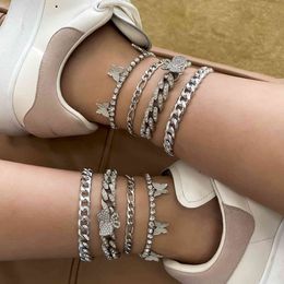 4 pieces Hip Hop Butterfly Anklet Woman Fashion Alloy Rhinestone Animal Cuba Chain Charm Beach Combination Party