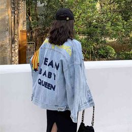 Autumn Korea Fashion Women Loose Denim Jackets all-matched Casual embroidery Letter Vintage Coat Top Quality S349 210512