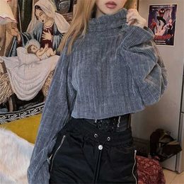 Elegant Women Grey Sweaters Fashion Ladies Turtleneck Knitted Tops Streetwear Female Chic Loose Short Pullovers 210527