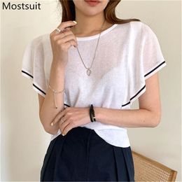 Summer Korean Casual Butterfly Sleeve Tops Tshirts Women O-neck Knitted Tees T Shirts Fashion Elegant Sweet Ladies T-shirt 210513